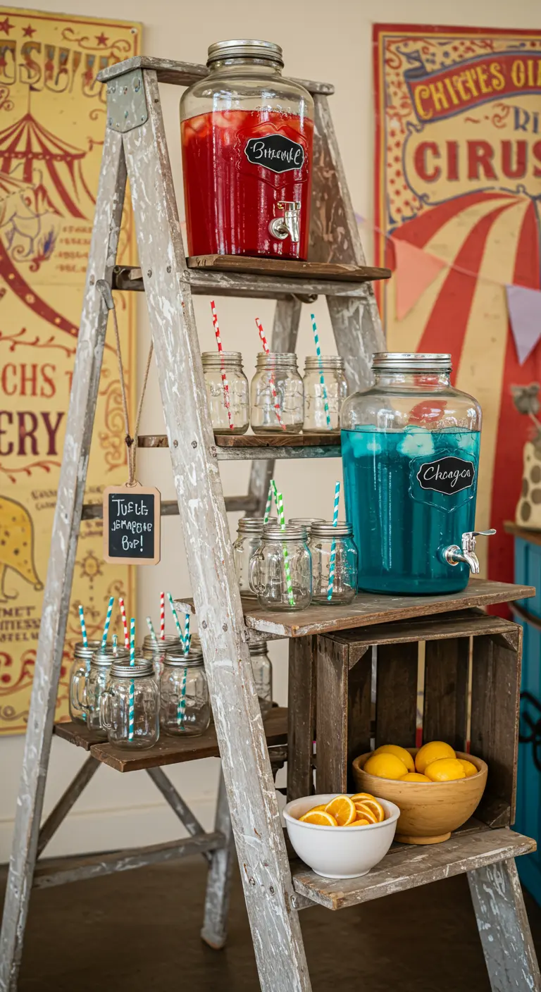 A weathered step-ladder used as a drink stand with beverage dispensers and mason jar glasses.