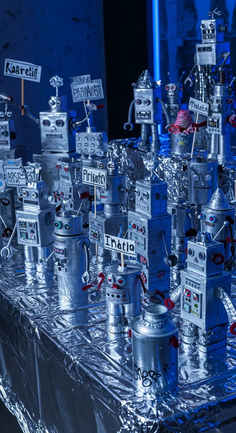An army of DIY robots made from recycled materials and spray-painted silver.