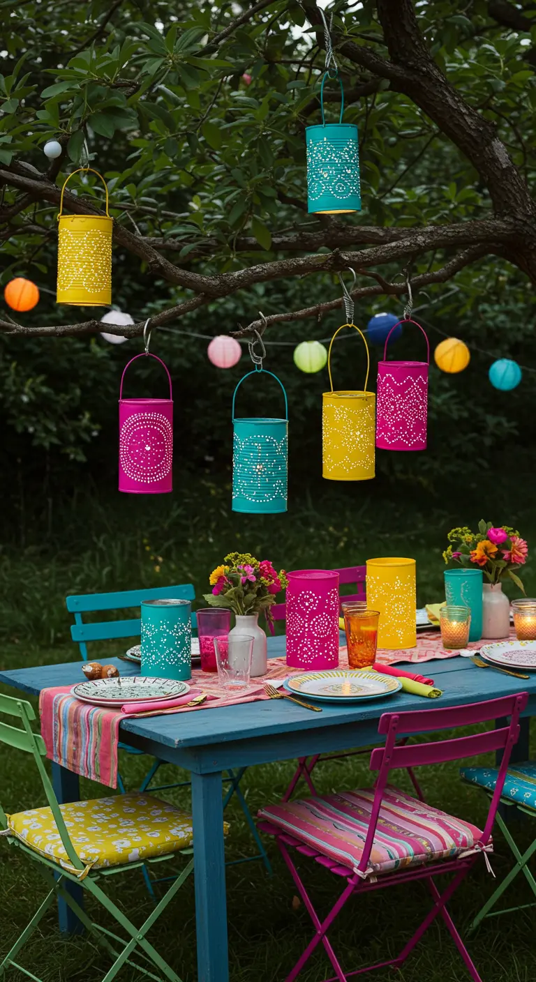 Colorful punched tin can lanterns in yellow, pink, and teal hanging from a tree over a table.