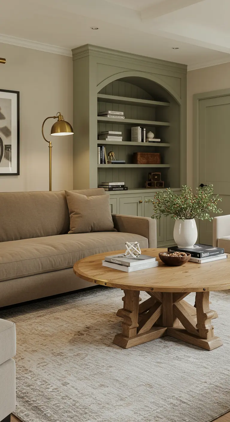 A living room with a large, arched built-in bookcase painted a soft sage green.