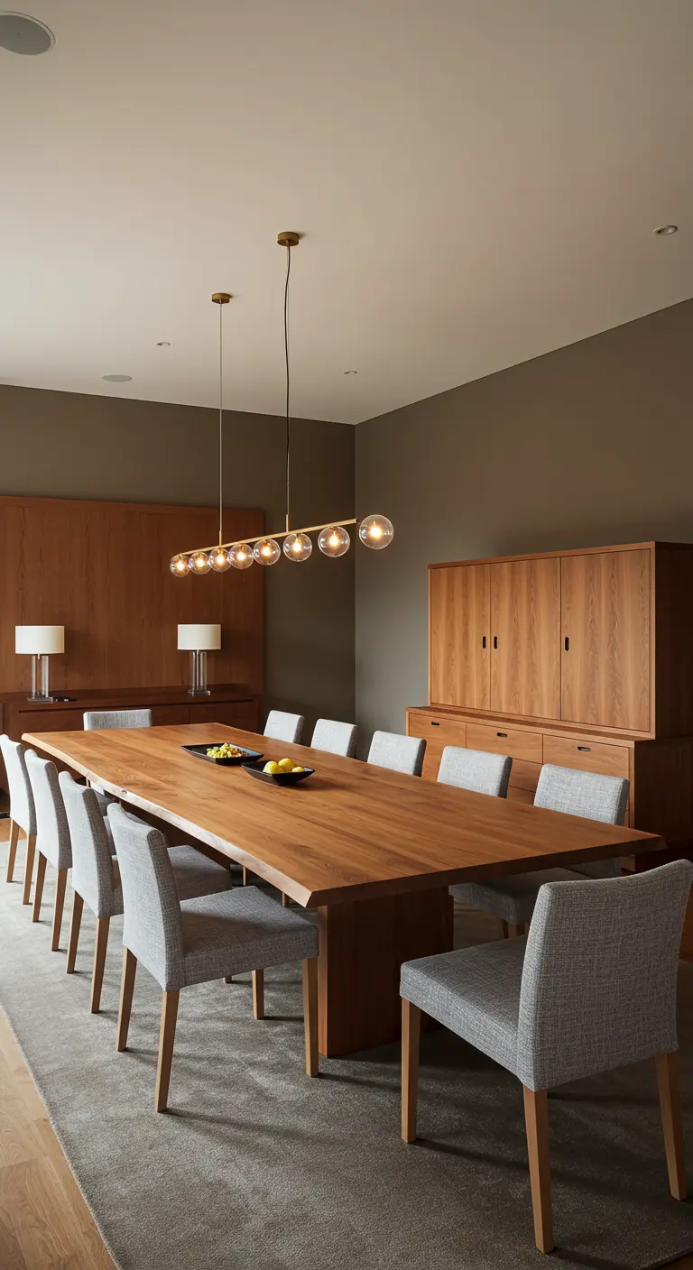 Long wood dining table in a formal room with a modern brass and globe chandelier.