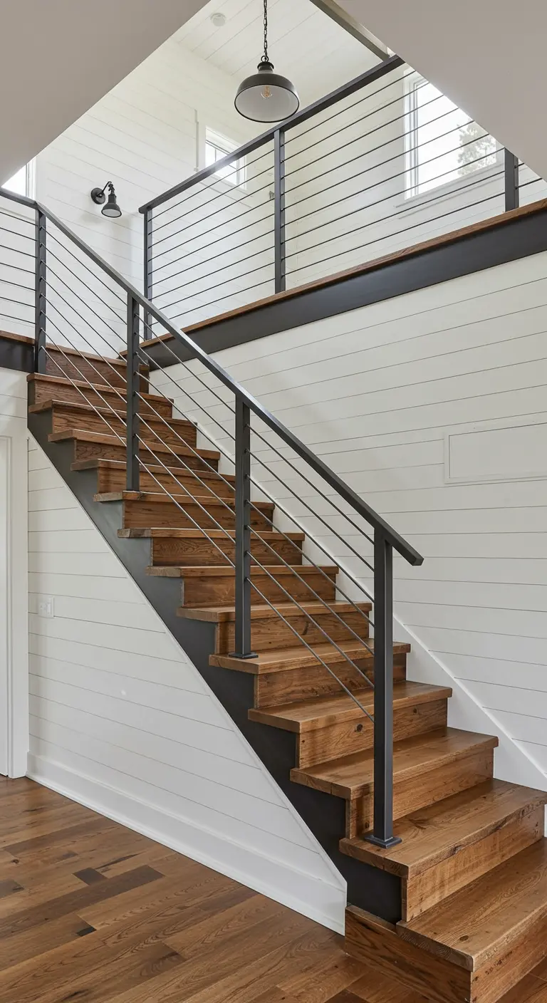 Modern farmhouse staircase with wood treads and horizontal black metal railings.