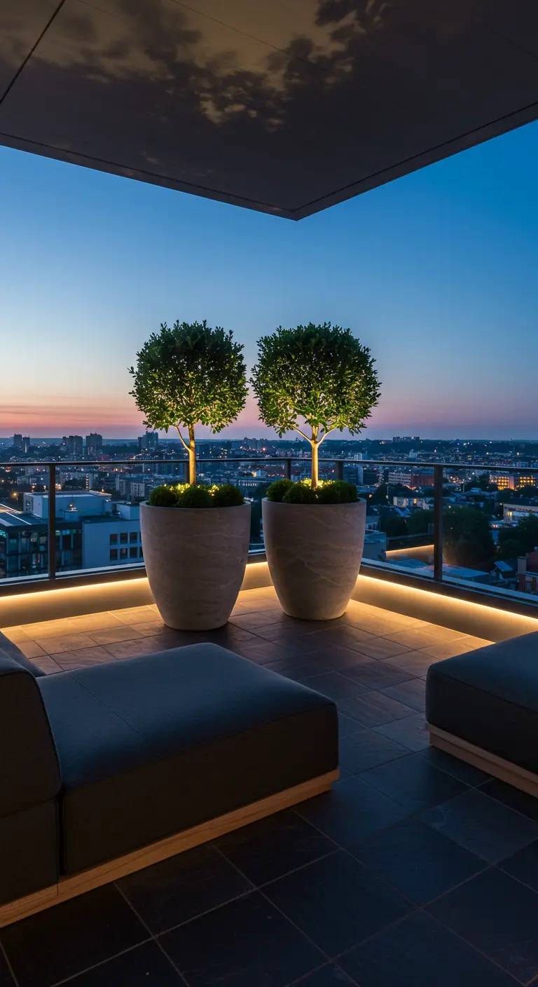 Two illuminated topiary trees on a rooftop terrace at dusk.
