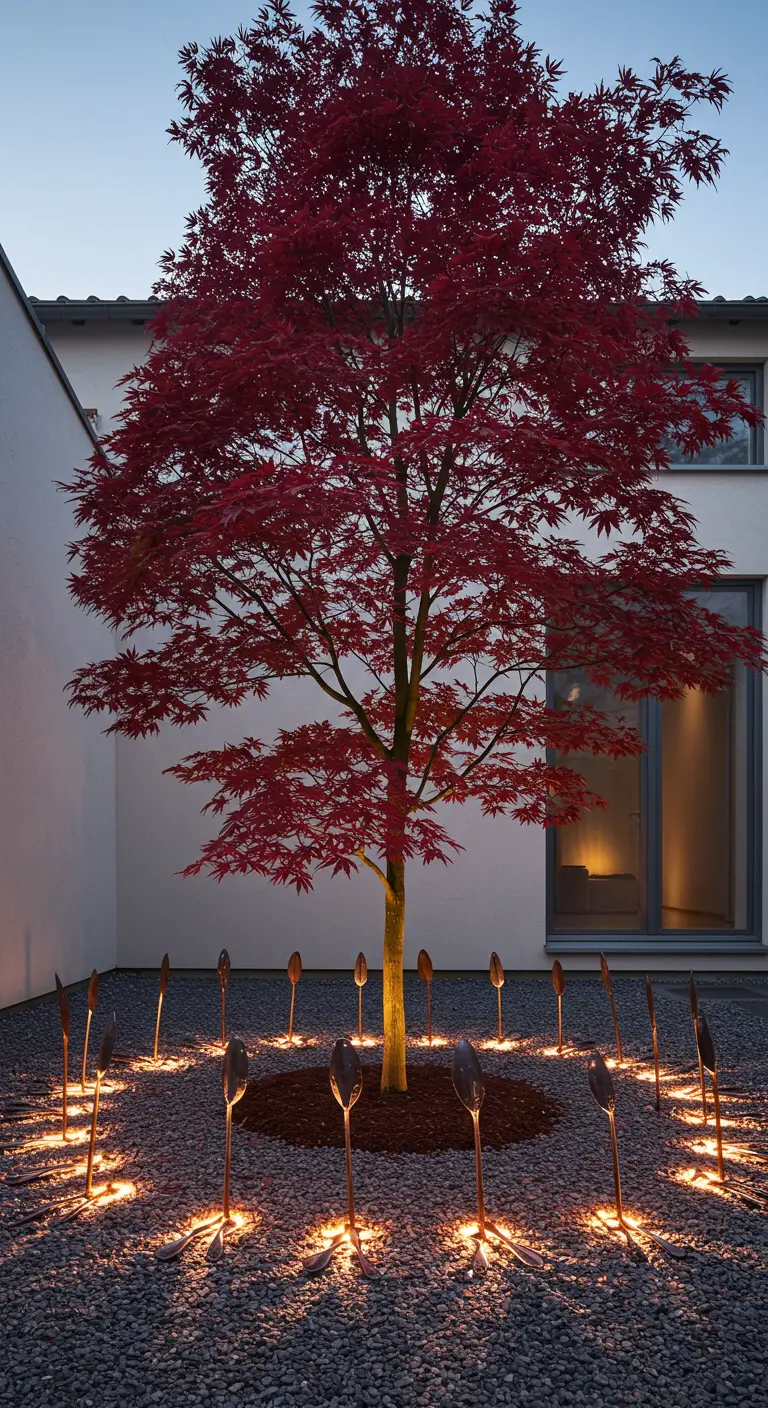 A circle of solar-powered spoon torch lights uplighting the base of a Japanese Maple tree.