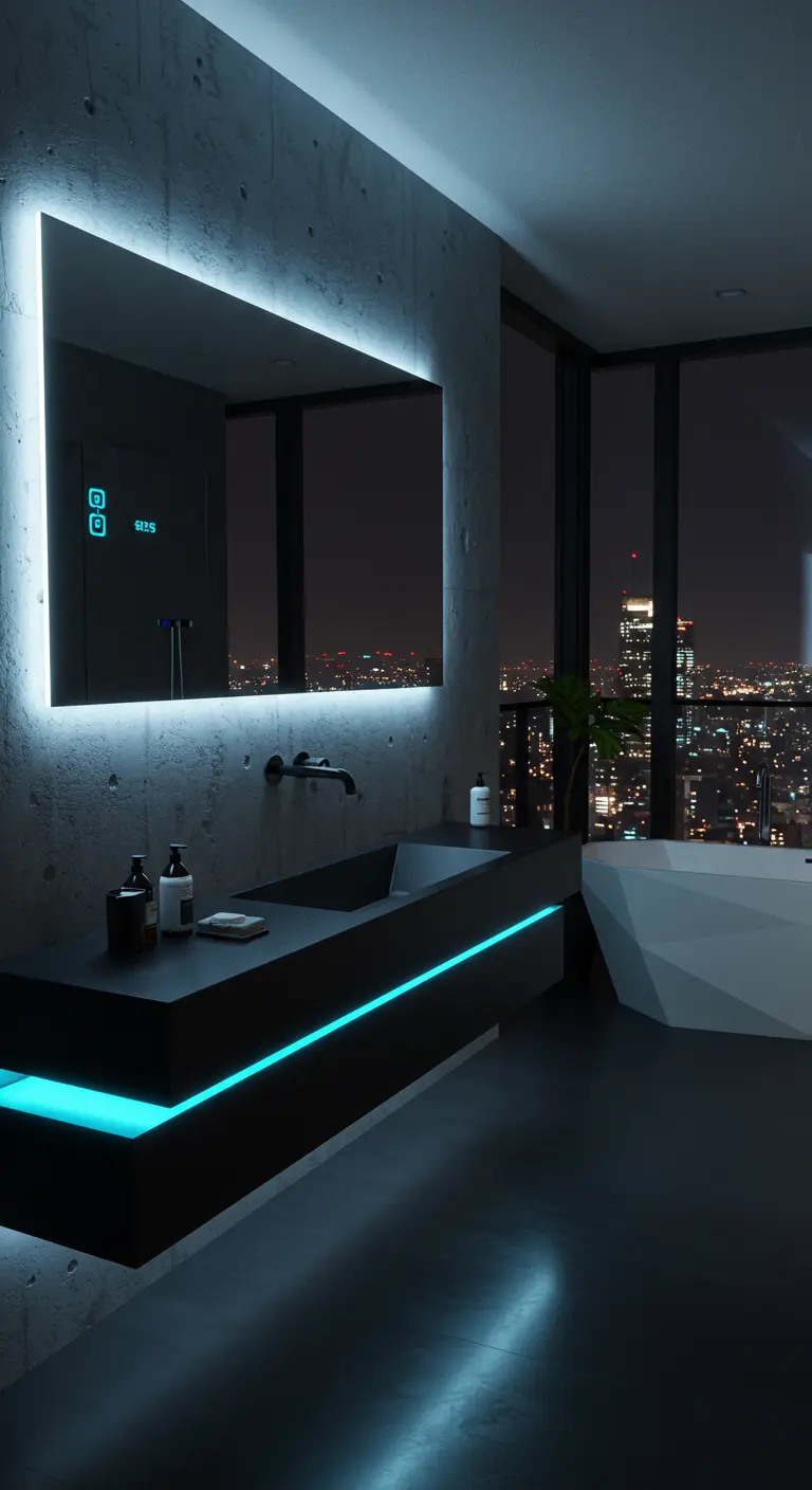 Futuristic bathroom with cyan LED light under a black floating vanity overlooking a city at night.