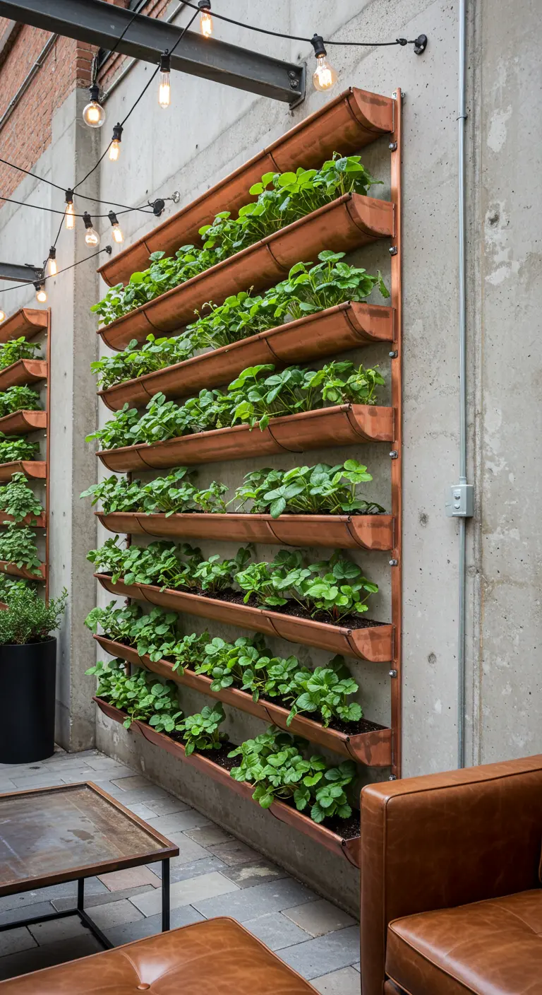 Copper vertical planters on a concrete wall with strawberries and greens