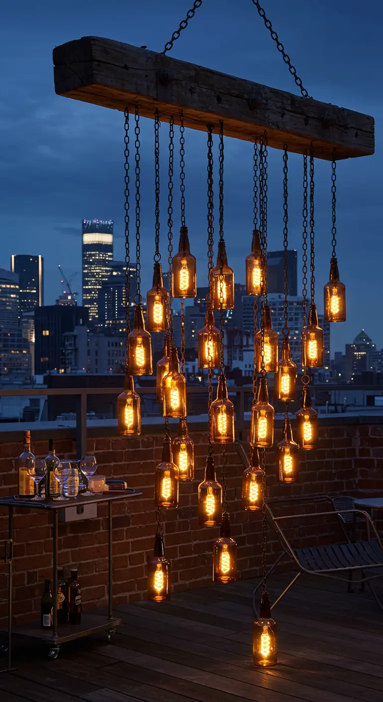 Industrial chandelier of amber bottles with Edison bulbs on a city rooftop at night.