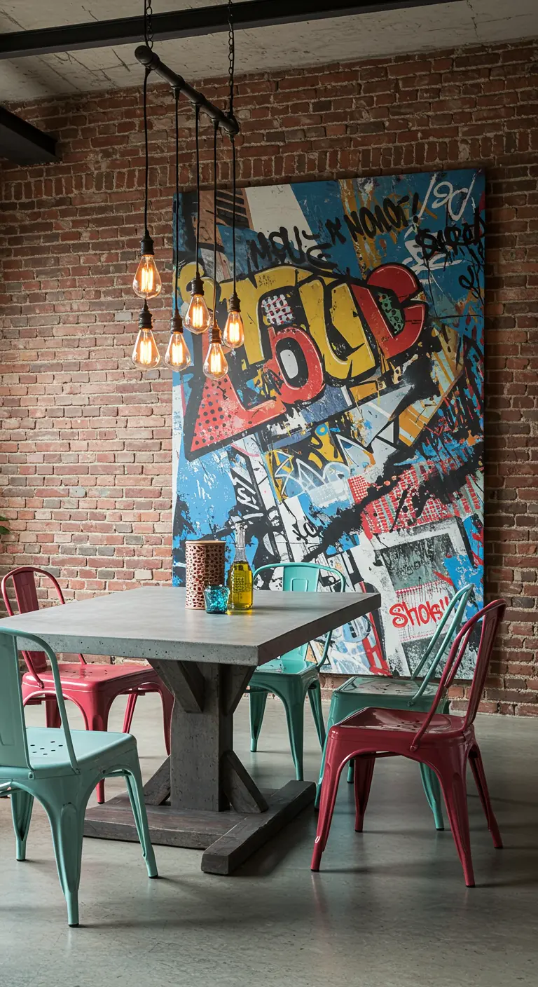Industrial dining room with a brick wall, large graffiti artwork, and a concrete table.