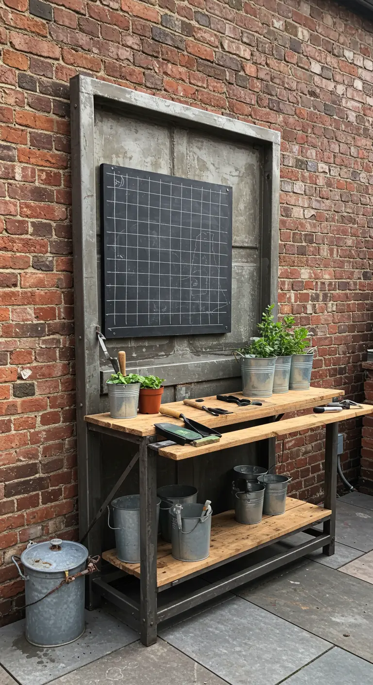 An industrial-style potting bench with a metal door frame and wood shelves against a brick wall.