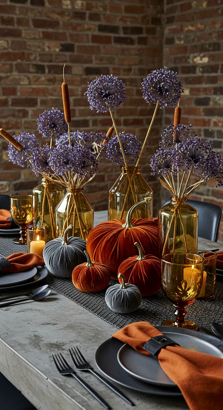 Industrial-style table with velvet pumpkins and tall, sculptural dried florals.