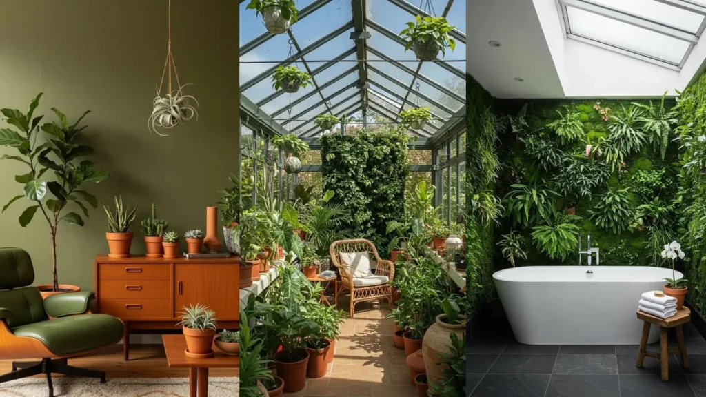 Three urban jungle interiors featuring lush plant walls, hanging greenery, and terracotta pots for modern home decor.