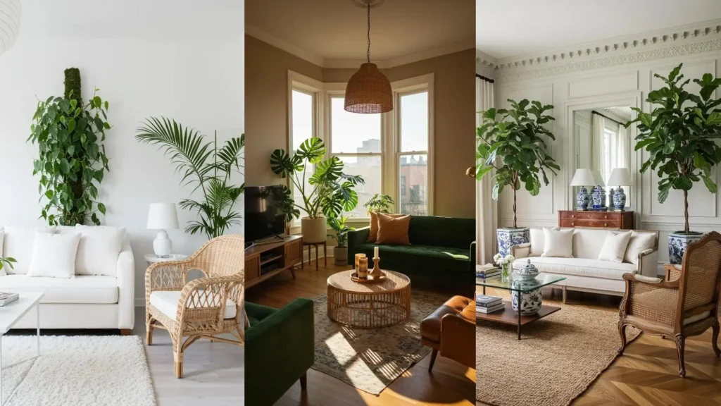 Three urban jungle living rooms with abundant floor plants and stylish wicker furniture, showcasing natural decor.