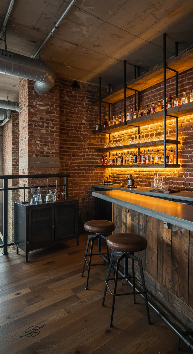 Industrial balcony bar with exposed brick, reclaimed wood, and pipe shelving.