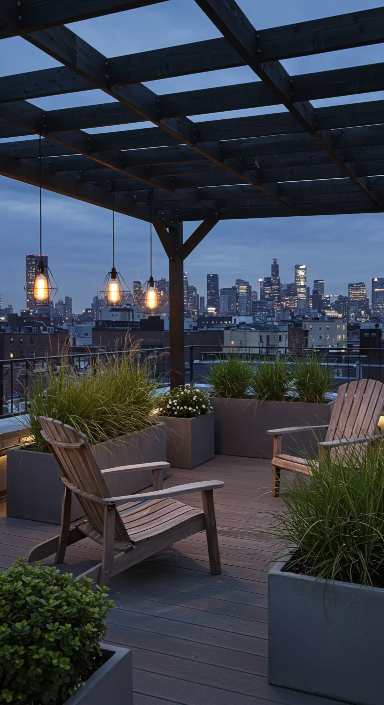 A modern rooftop patio with Adirondack chairs, planters with tall grasses, and city views.
