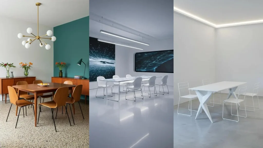 Urban minimalist dining spaces featuring sleek concrete floors and slim metal chairs.
