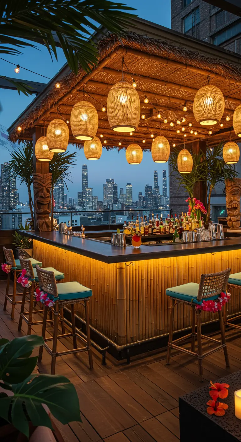 Rooftop tiki bar with woven lanterns and a glowing city skyline at dusk.