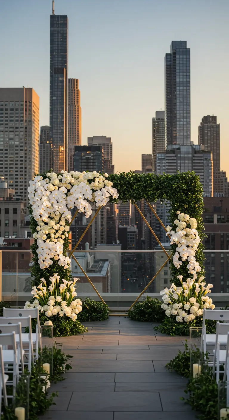 Geometric gold wedding arch with white orchids on a city rooftop.