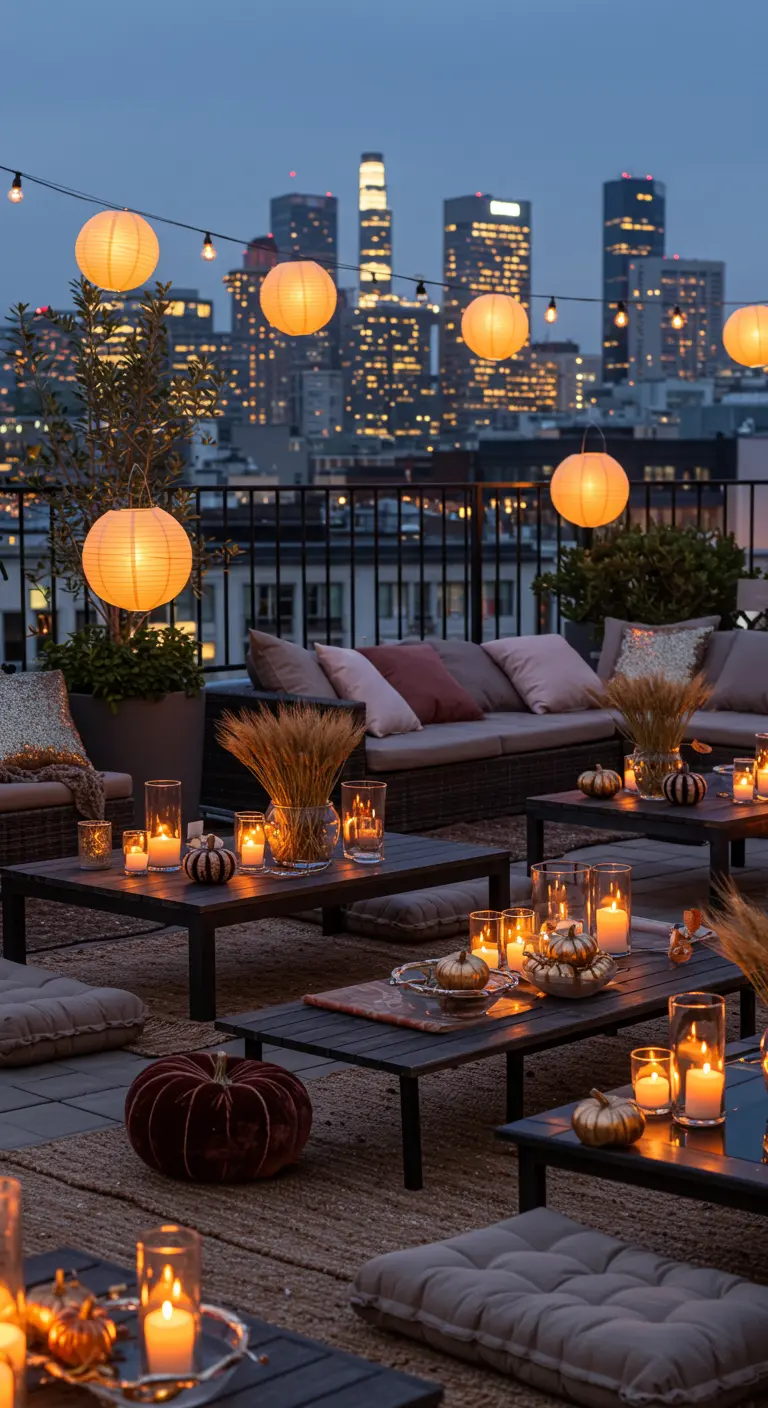 Rooftop party at night with paper lanterns, candles, and fall centerpieces.