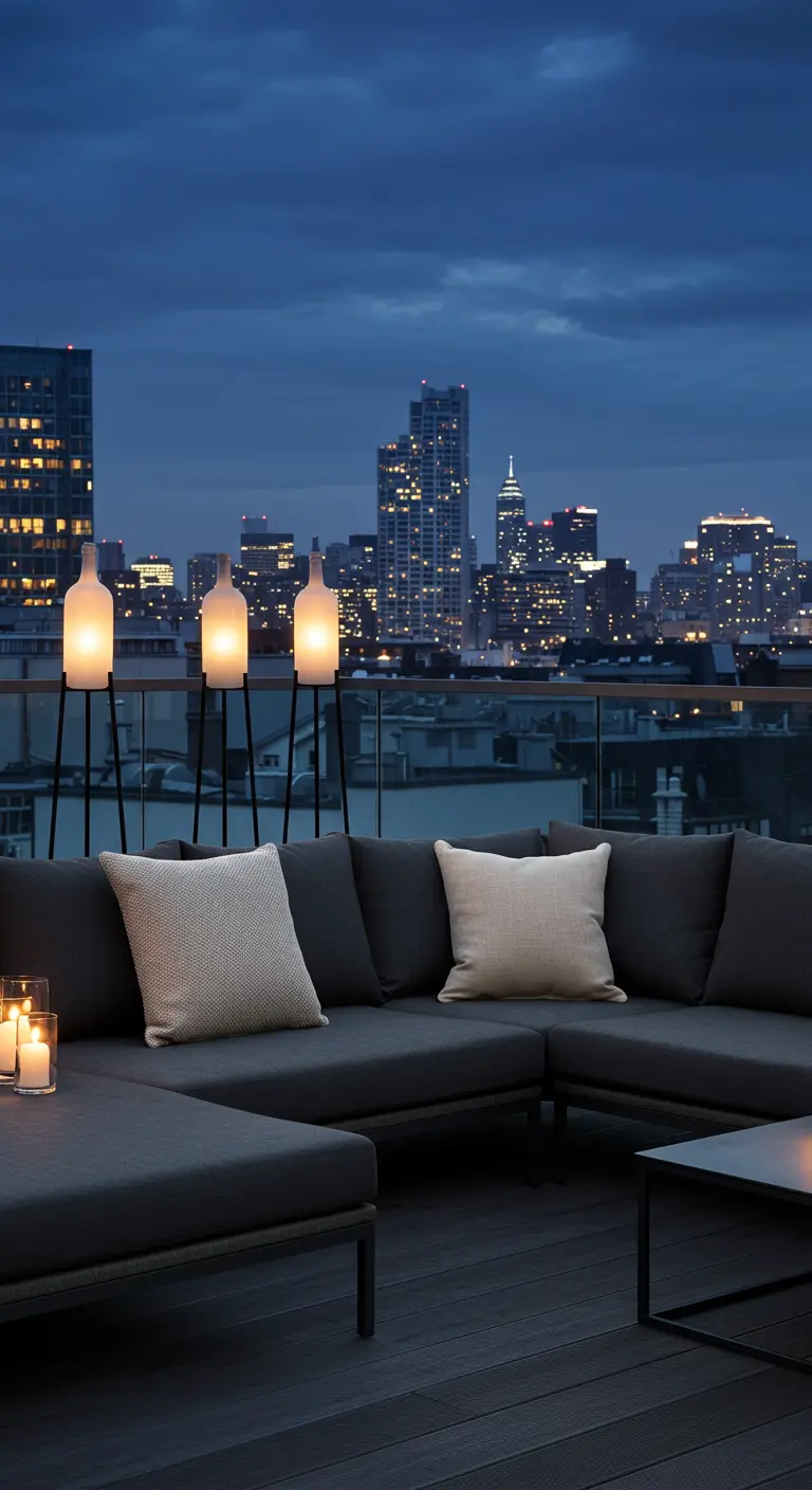 A modern city rooftop patio with a dark sofa and three frosted bottle torches in stands.