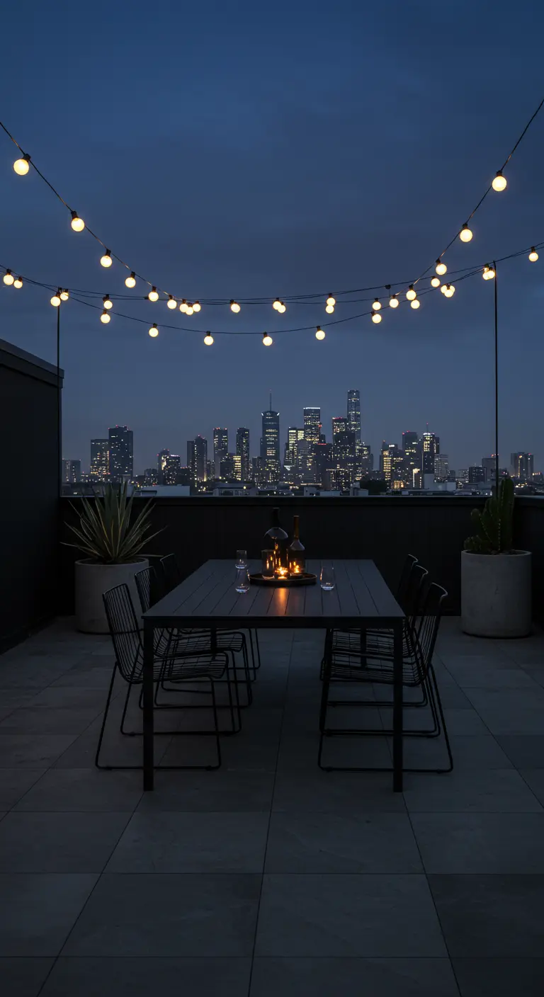 Modern rooftop dining area with black furniture overlooking a city skyline at night.