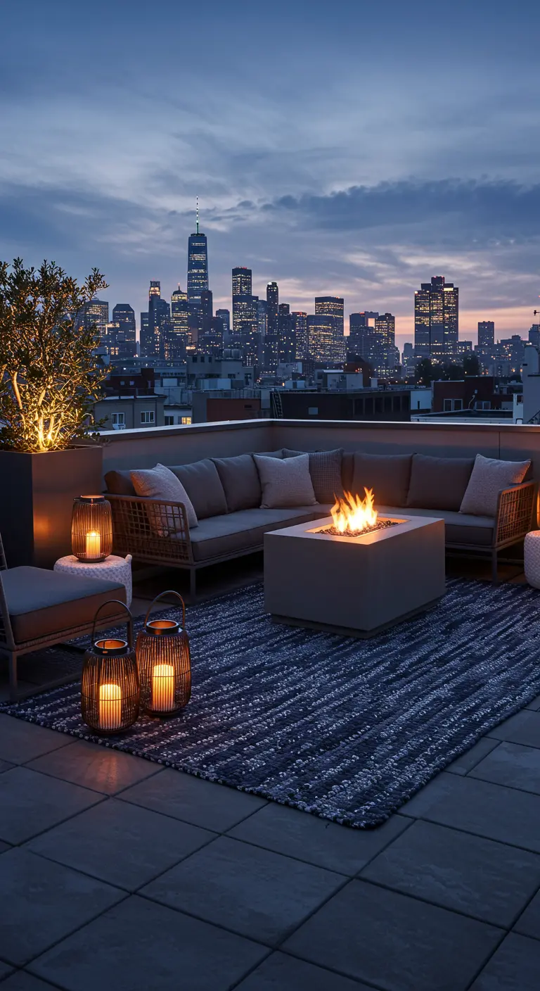 A city rooftop at dusk with a dark blue chevron rug, a fire pit, and lanterns.