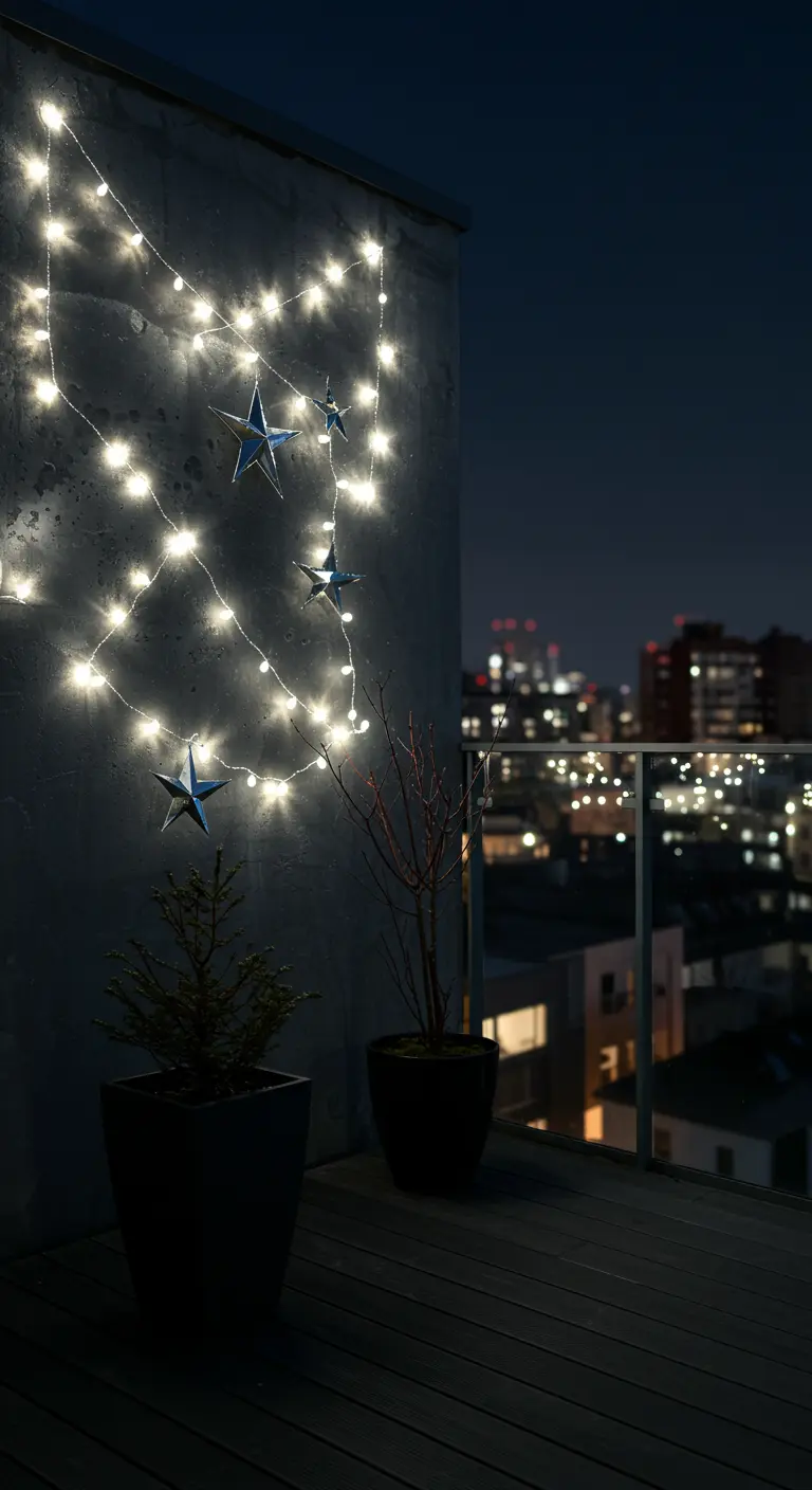 String lights and metallic blue stars arranged on a dark balcony wall at night.