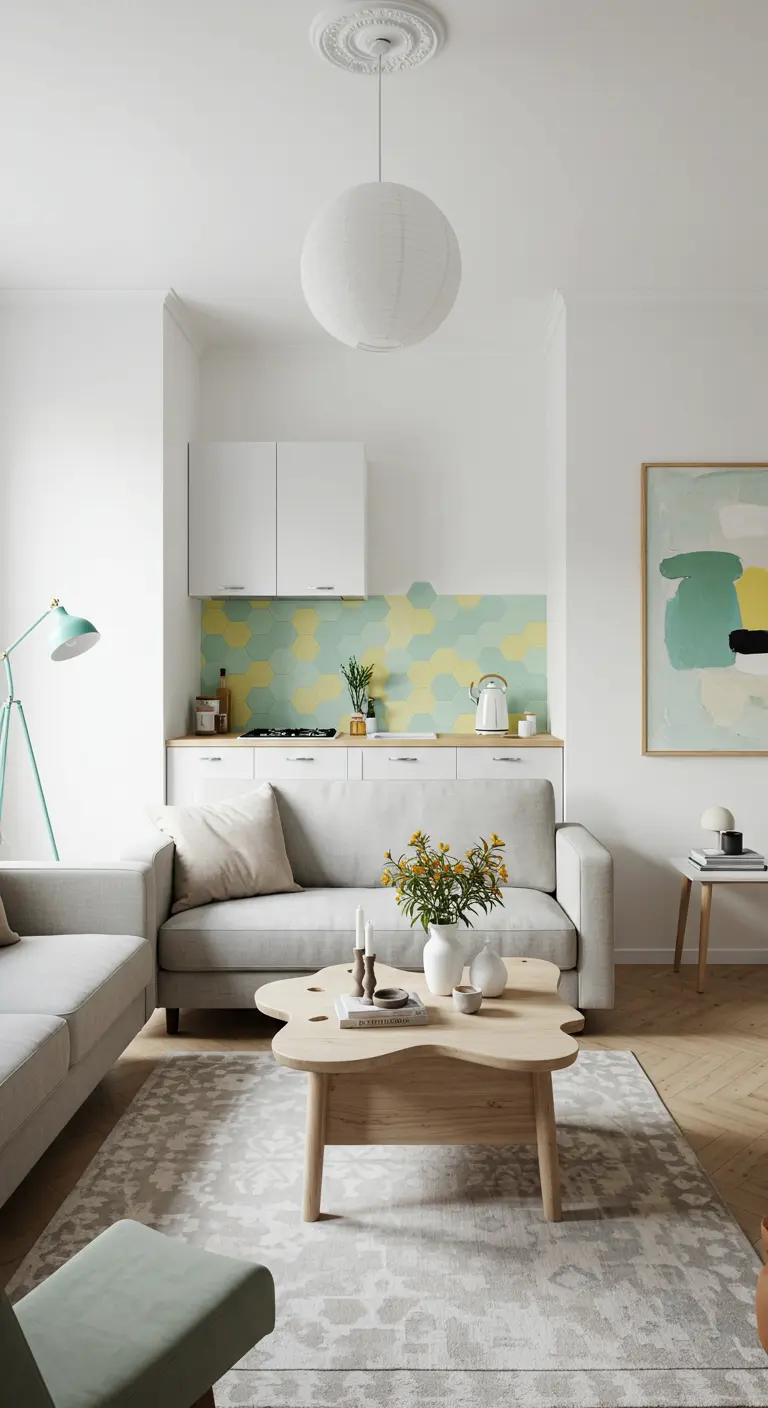 Compact living space with a kitchenette defined by a pastel hexagonal tile backsplash.