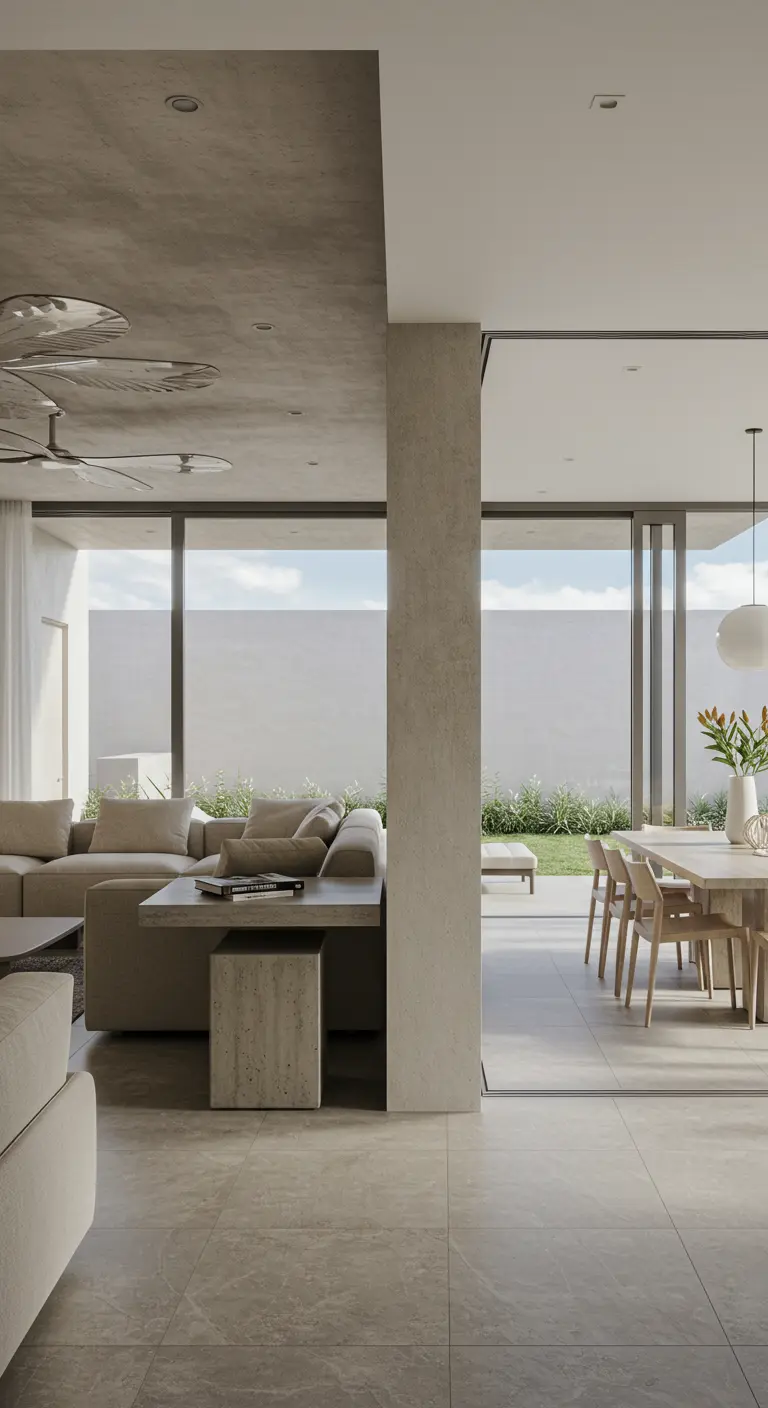 An open-plan living and dining area separated by a large, textured structural column.