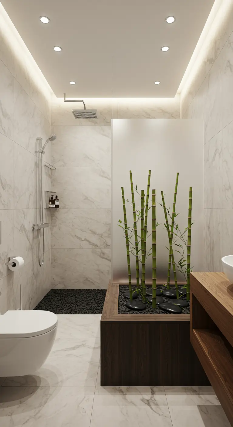 White marble shower with a dark wood planter of bamboo and river rocks as a divider.