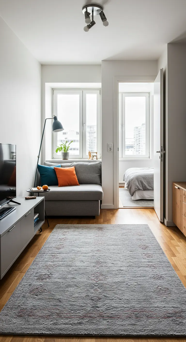 A gray rectangular rug defines the living area in a compact studio apartment.
