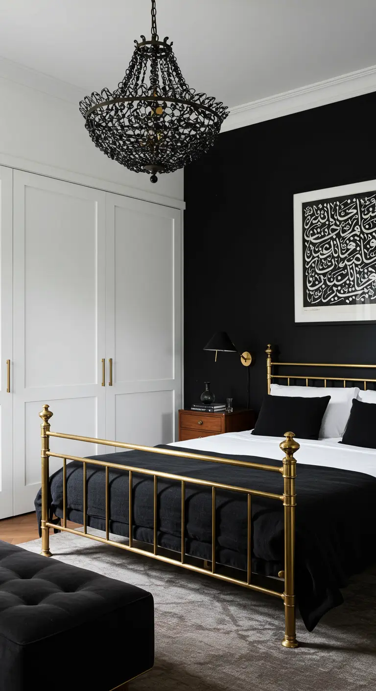 Bedroom with a black accent wall, white closets, and a brass bed frame.