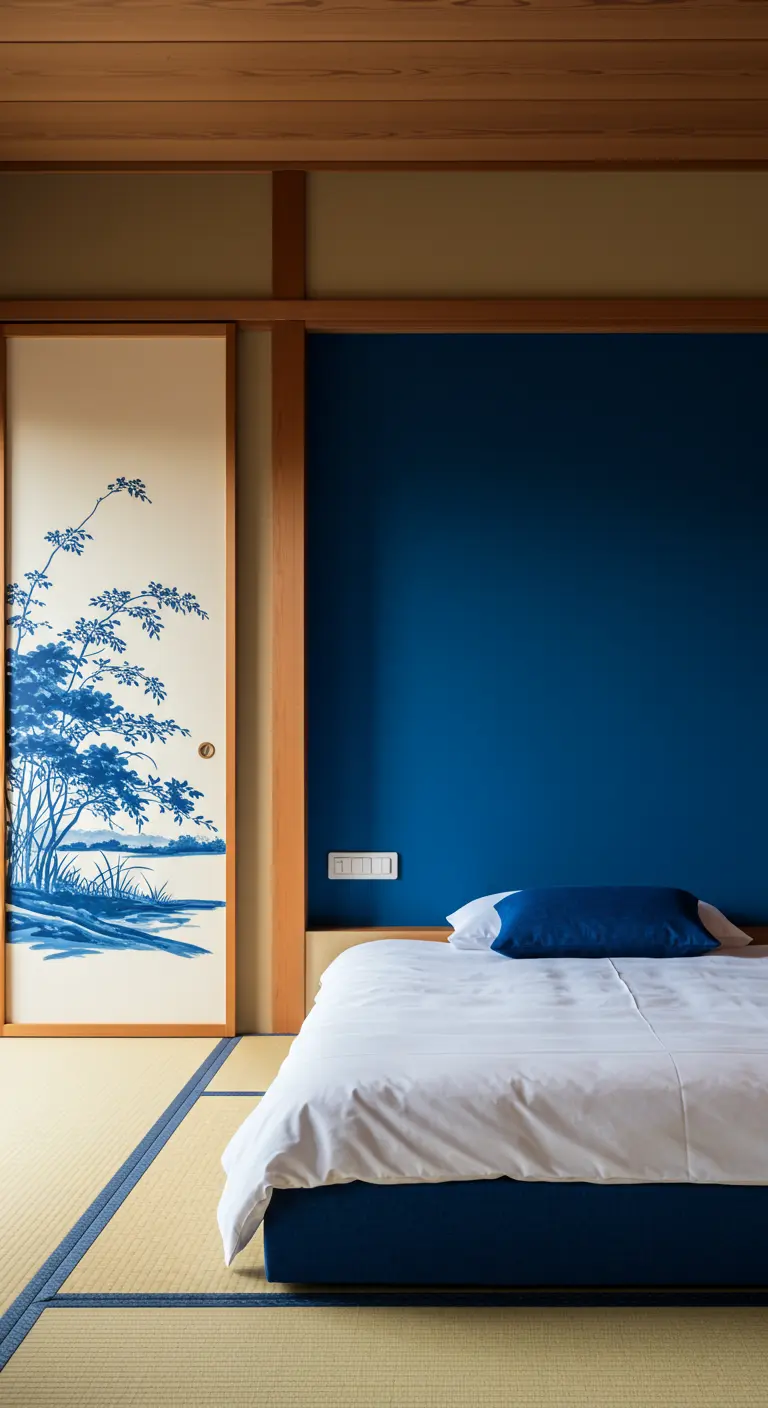 Minimalist bedroom with a bold blue accent wall and a matching painted sliding door.