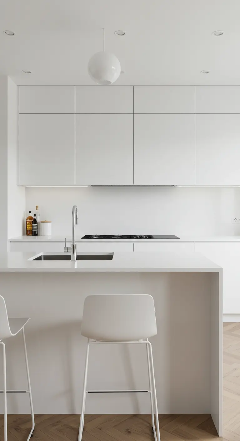 A sleek white kitchen with a single spherical white pendant light over the island.
