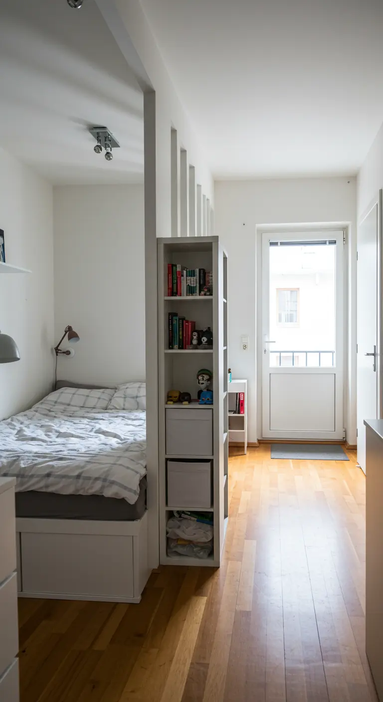 A narrow white bookshelf with drawers acts as a divider at the foot of a bed.