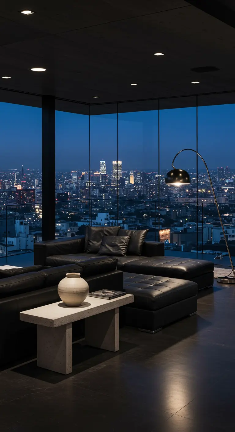 A dark, modern living room at night with a large arc lamp over a black leather sectional.
