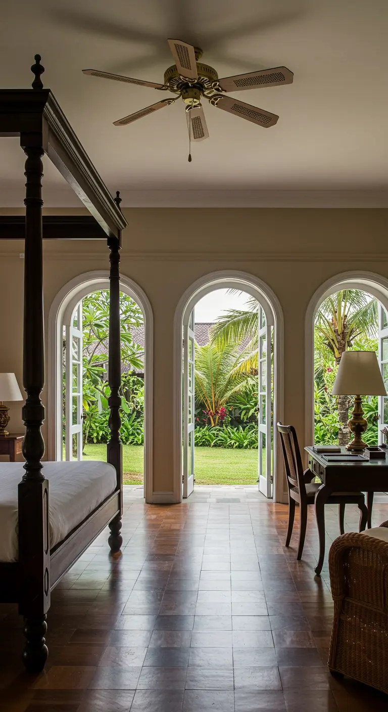 Dark wood four-poster bed in a room with three arched doors to a garden.