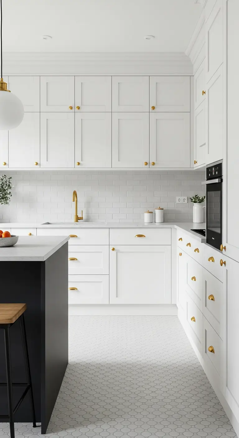 White shaker kitchen with a black island and white geometric honeycomb tile floor.