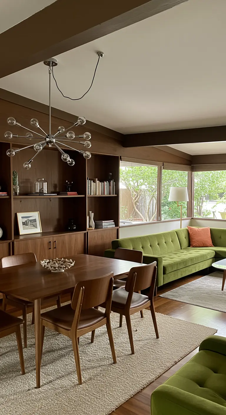Open-plan space with a large walnut built-in shelving unit and green sofa.