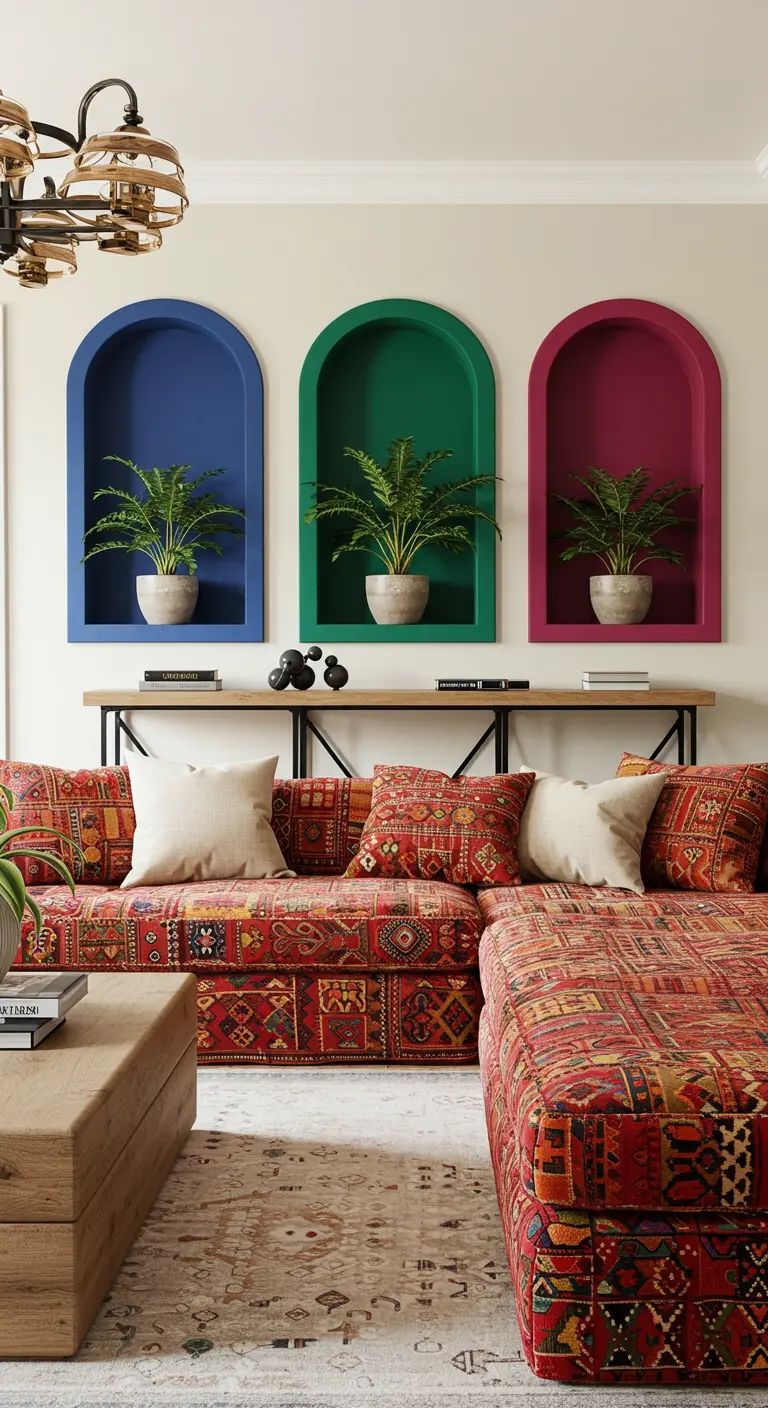Three arched niches painted blue, green, and magenta above a patterned red sectional sofa.