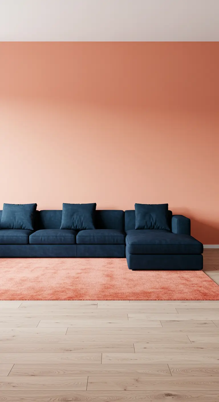 A deep navy blue sectional sofa stands against a solid, warm peach-colored wall.