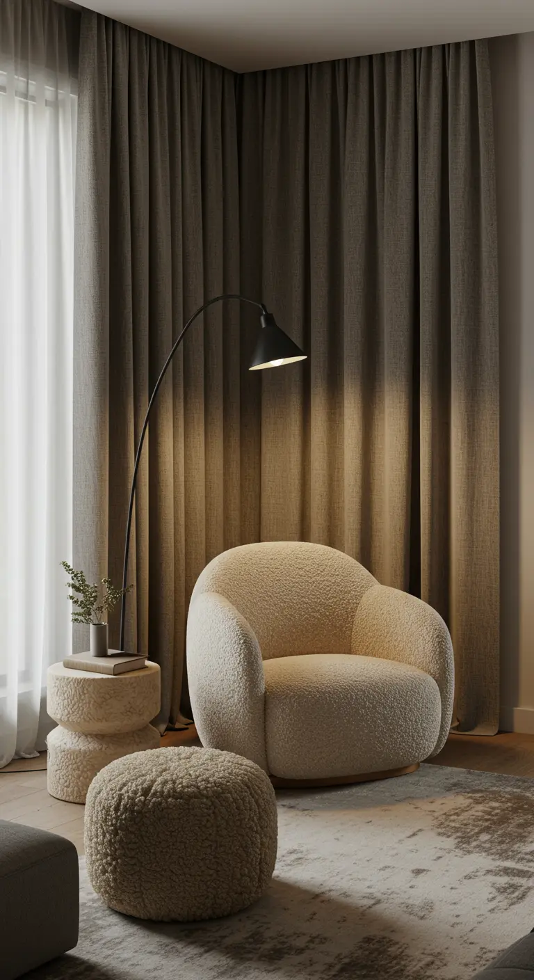 A cream bouclé armchair and ottoman in front of heavy, dark gray curtains.