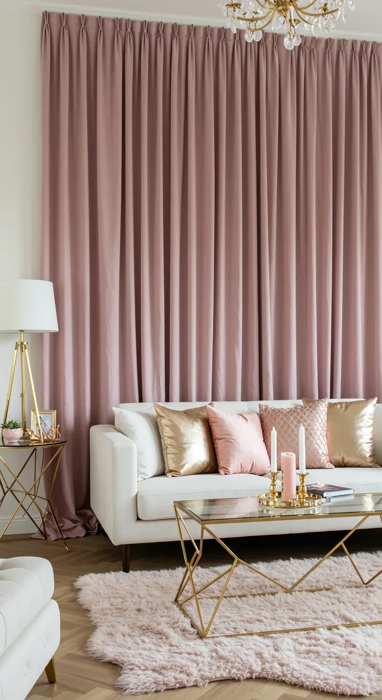 A living room with a wall of pink curtains behind a white sofa.