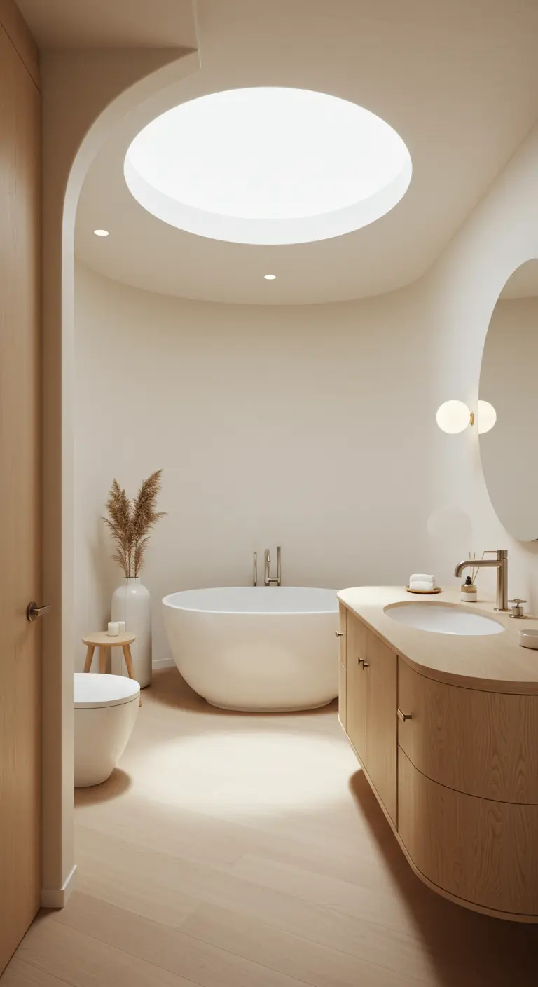 Minimalist white bathroom with a curved entryway and a round skylight.
