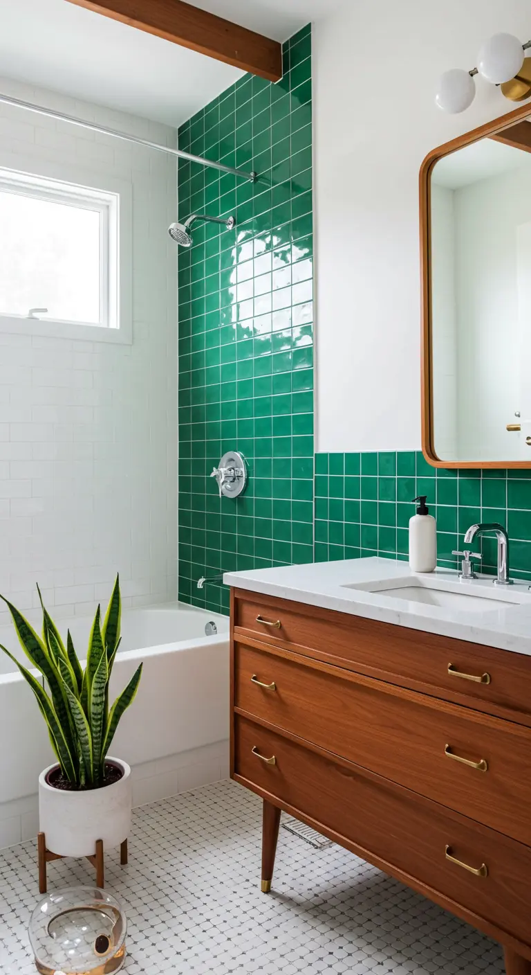 A bathroom with an emerald green tiled shower, a mid-century wood vanity, and white walls.