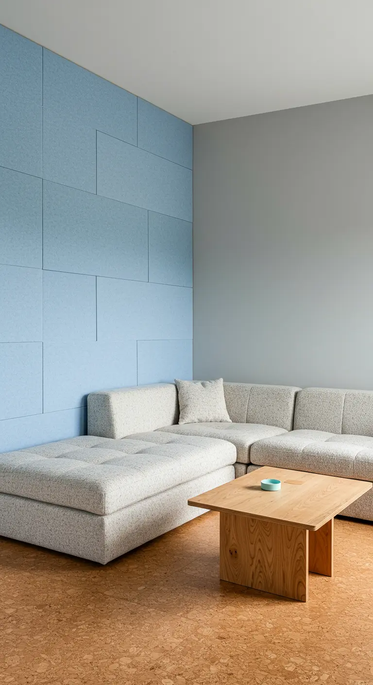 A grey sectional against a wall covered in rectangular blue acoustic felt panels.