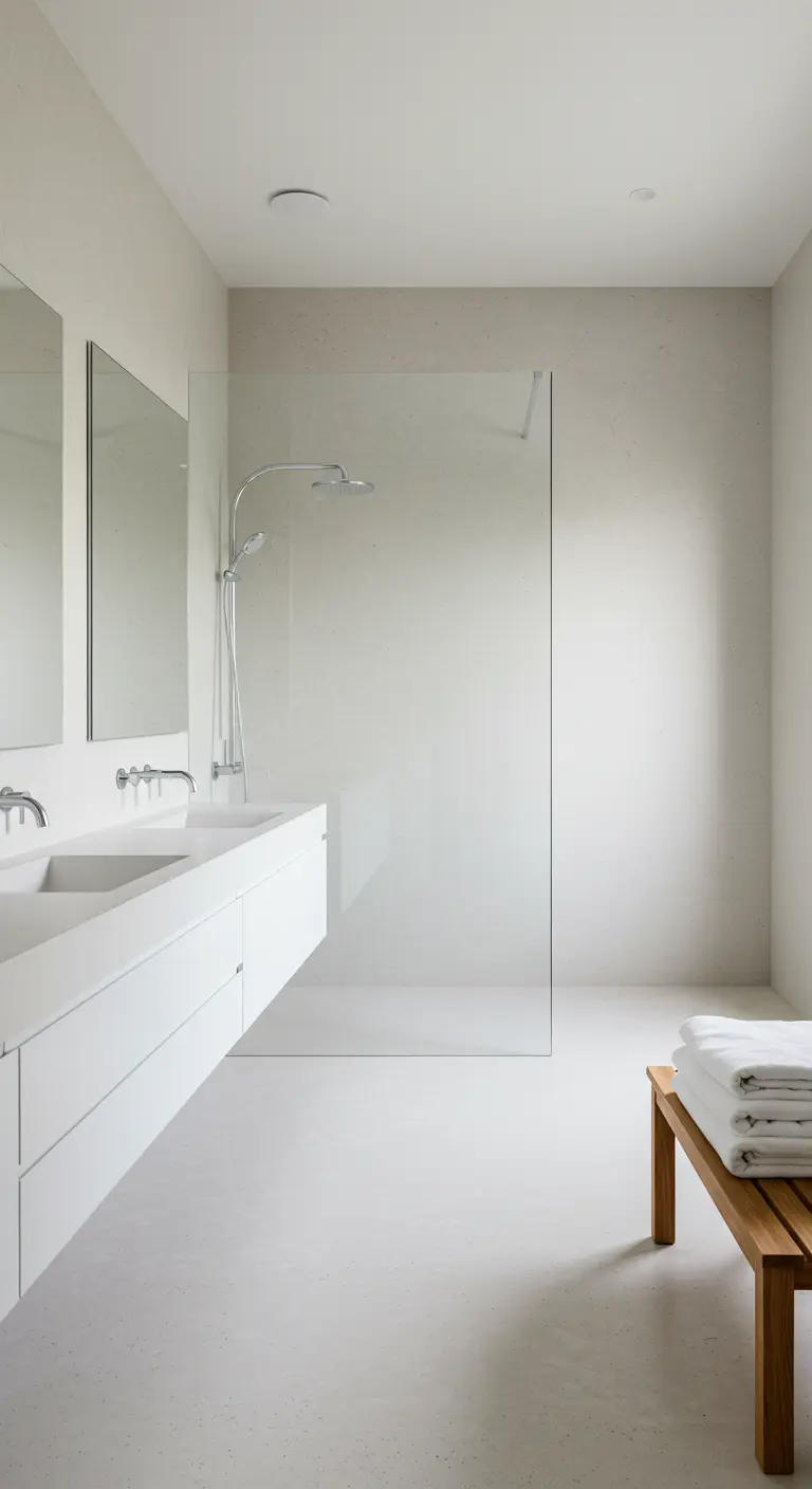 Sleek minimalist bathroom with a glass shower screen, floating white vanity, and a teak bench.