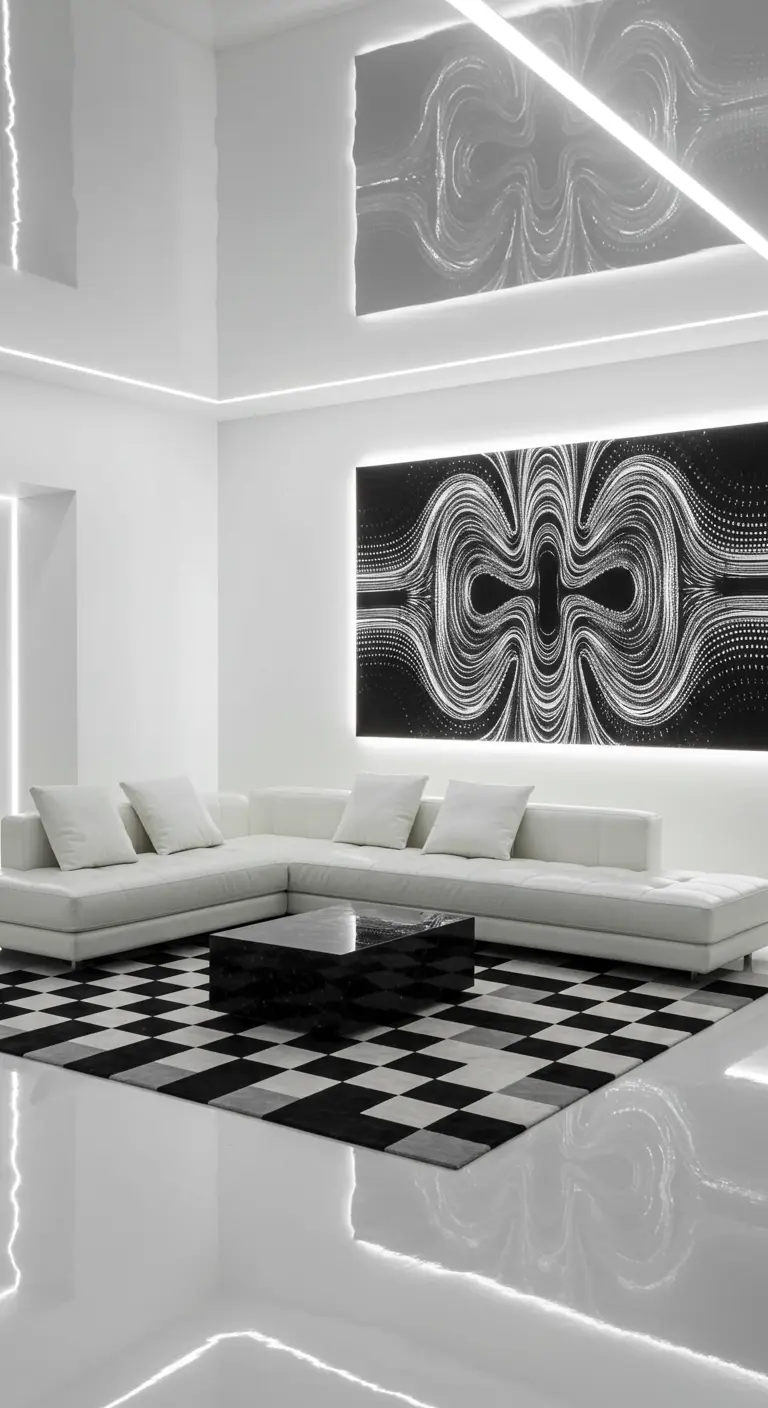 Futuristic white living room with integrated LED lighting and a glossy checkerboard rug.