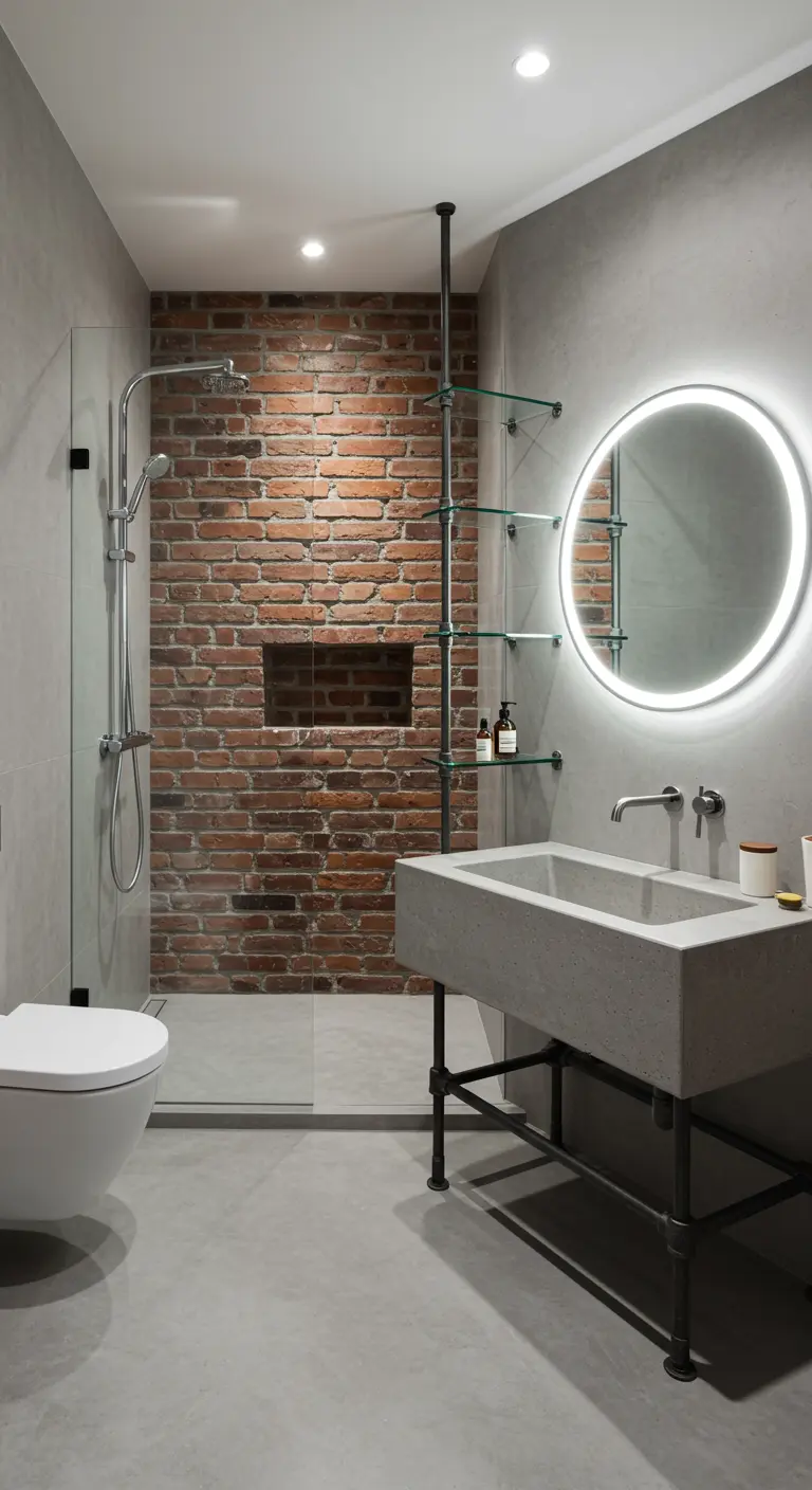 A modern bathroom with a brick shower wall, concrete vanity, and a large backlit round mirror.
