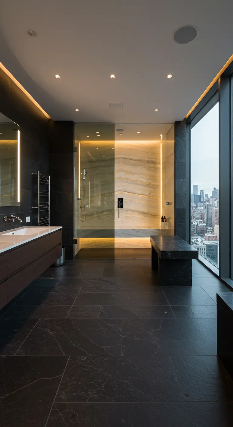 Modern dark bathroom with a backlit onyx shower wall and a large window overlooking a city.