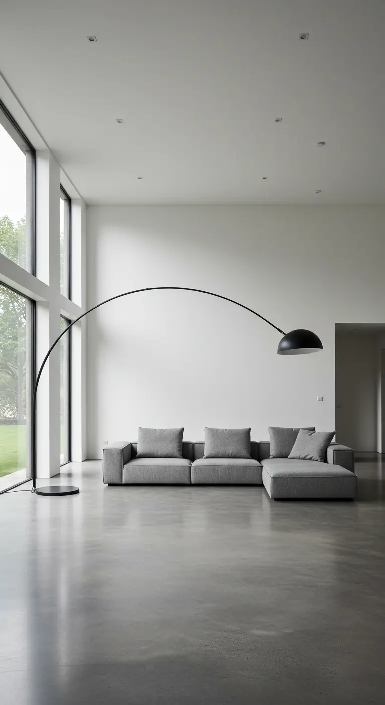 A large, black arc floor lamp extends over a gray sectional sofa in a spacious minimalist room.
